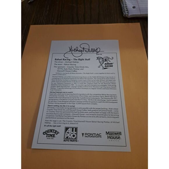 Vintage Michael Waltrip Country Time Racing Driver Card 8x5.5 NASCAR - Picture 2 of 2